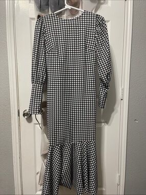 Black & White Houndstooth Midi Dress with Flounce Hem